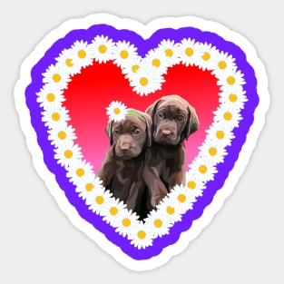 Chocolate Lab Puppies Flower Daisy Heart Sticker